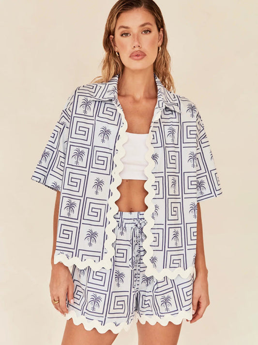 Pattern Stitching Top + Short Set - Blue