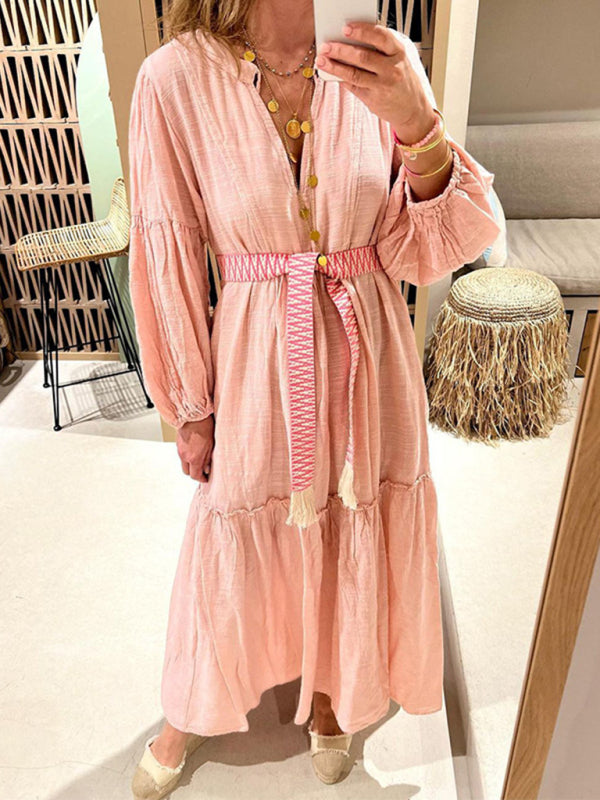 Women's Fashionable V-Neck Puff Sleeve Bohemian Cotton and Linen Dress