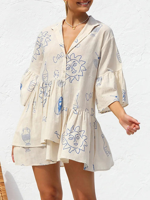 Trumpet Sleeve Shirt Dress - Rose