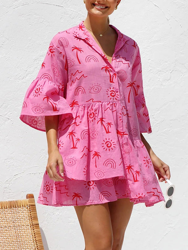 Trumpet Sleeve Shirt Dress - Rose