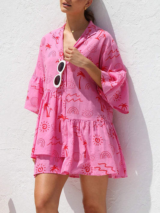 Trumpet Sleeve Shirt Dress - Rose