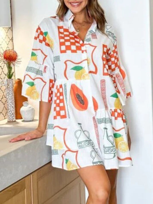 Trumpet Sleeve Shirt Dress - White