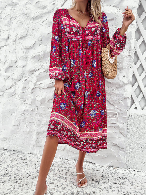 Women's Casual Resort Printed Bohemian Long Sleeve Dress