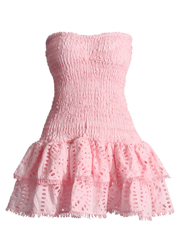 Designer Embroidered Tube Top Ruffle Dress - Rose