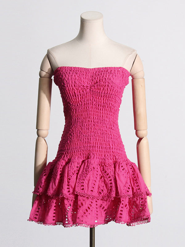 Designer Embroidered Tube Top Ruffle Dress - Rose