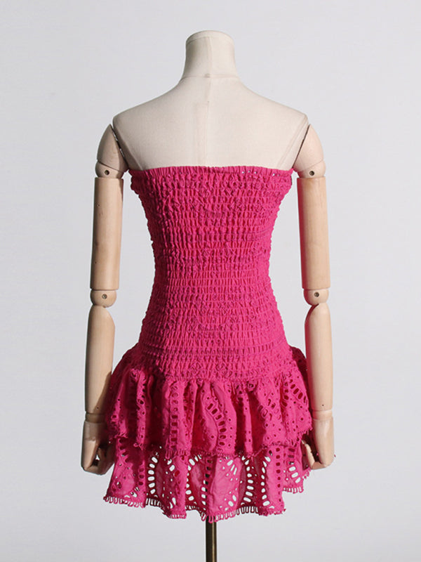 Designer Embroidered Tube Top Ruffle Dress - Rose