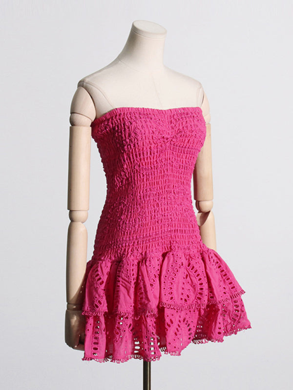 Designer Embroidered Tube Top Ruffle Dress - Rose