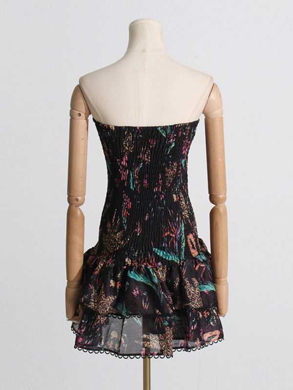 Strapless/halterneck Printed Ruffle Mini Dress - Black