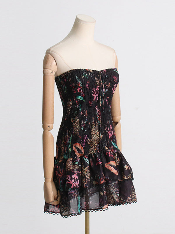 Strapless/halterneck Printed Ruffle Mini Dress - Black