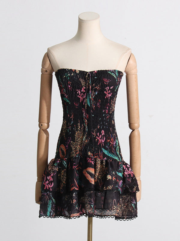 Strapless/halterneck Printed Ruffle Mini Dress - Black