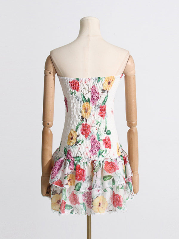 Strapless/halterneck Printed Ruffle Mini Dress - Black