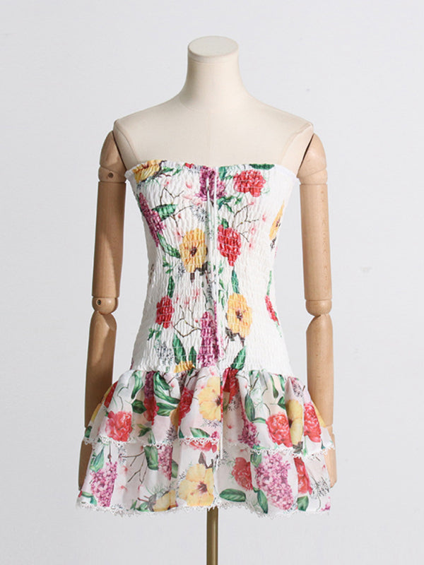 Strapless/halterneck Printed Ruffle Mini Dress - Black