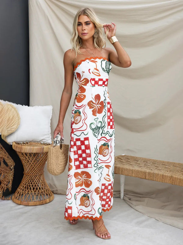 Spring and summer new style breast-wrapped pleated casual printed dress