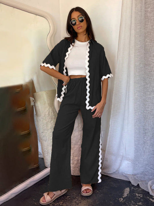 Single-breasted Lace Splicing Trousers & Shirt Suit - Black