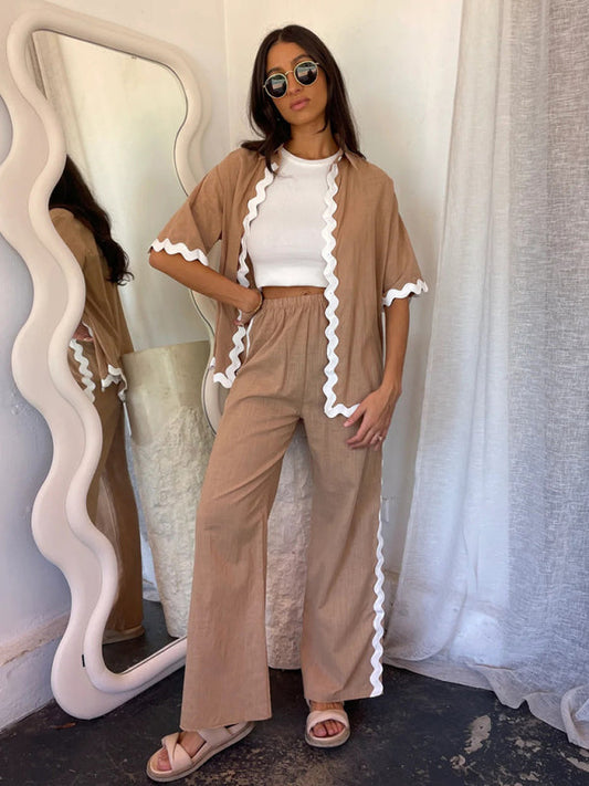 Single-breasted Lace Splicing Trousers & Shirt Suit - Camel