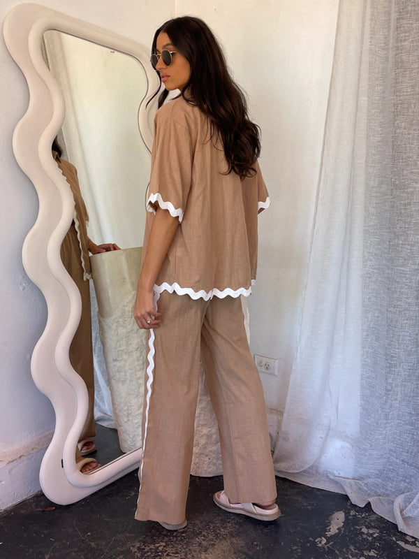 Single-breasted Lace Splicing Trousers & Shirt Suit - Cracker Khaki