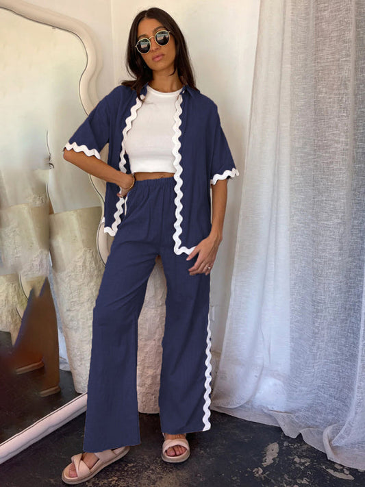 Single-breasted Lace Splicing Trousers & Shirt Suit - Navy