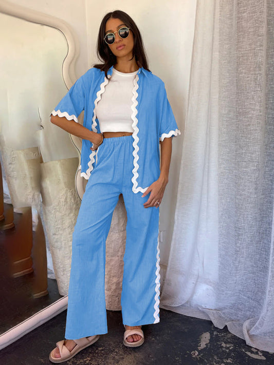 Single-breasted Lace Splicing Trousers & Shirt Suit - Sky Blue Azure