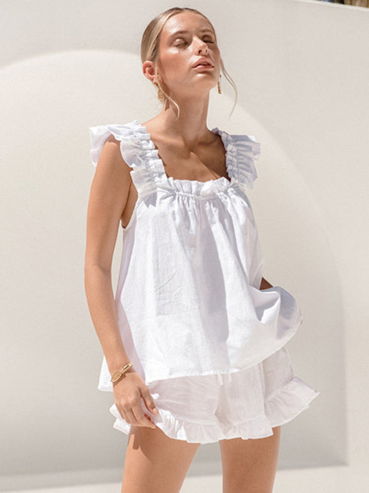 Sleeveless ruffle suspender shorts set