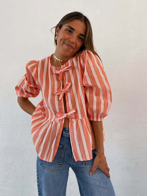 New striped lace mid-sleeve loose patchwork shirt