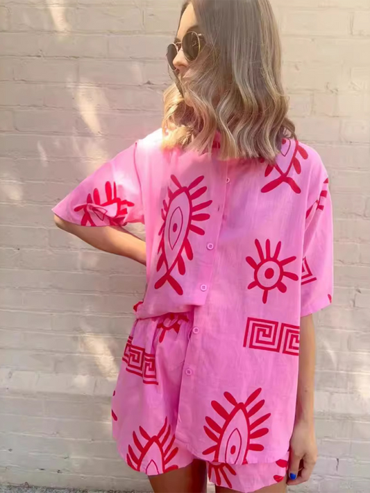 Printed Shorts Tie Elastic Casual Two-piece Set - Hot Pink