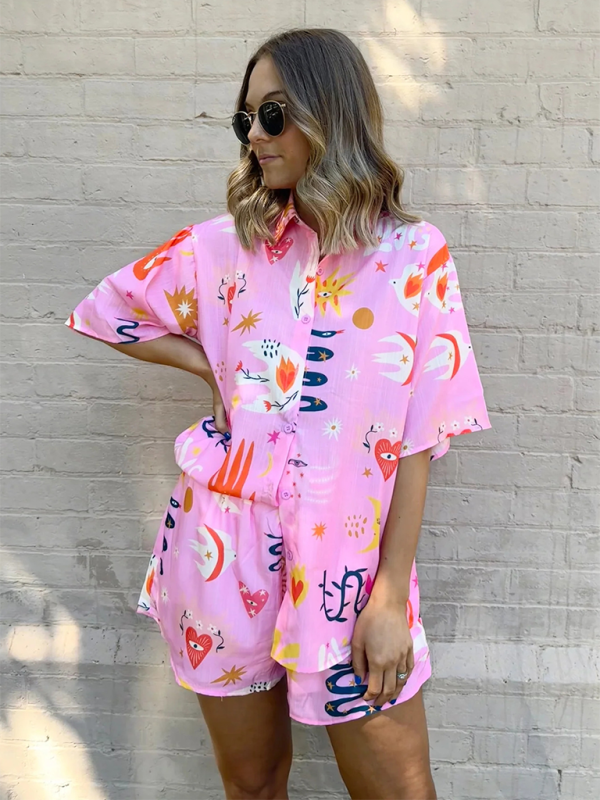 Printed Shorts Tie Elastic Casual Two-piece Set - Pastel Pink