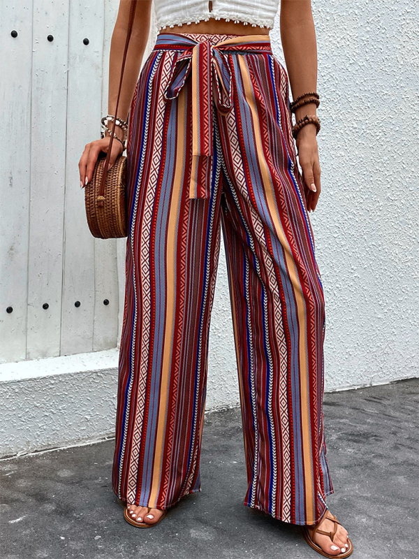 New loose striped high waist elastic wide leg pants