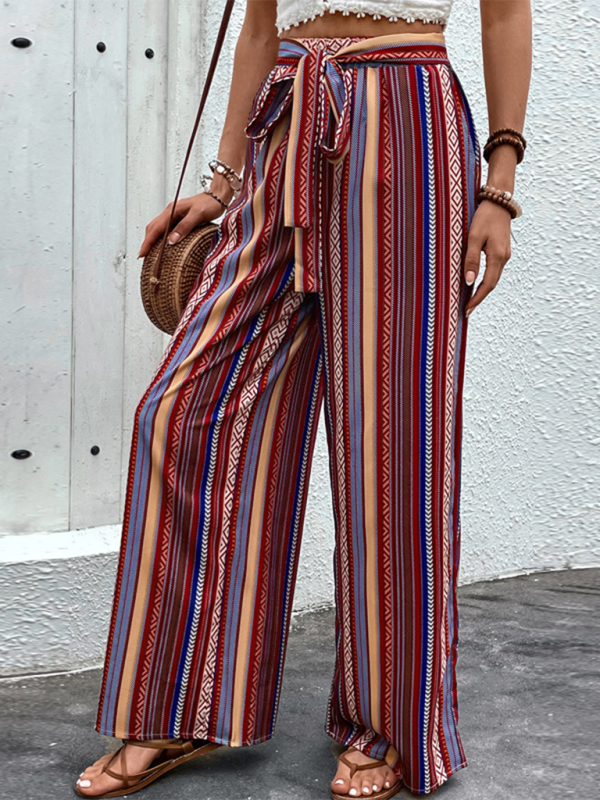 New loose striped high waist elastic wide leg pants