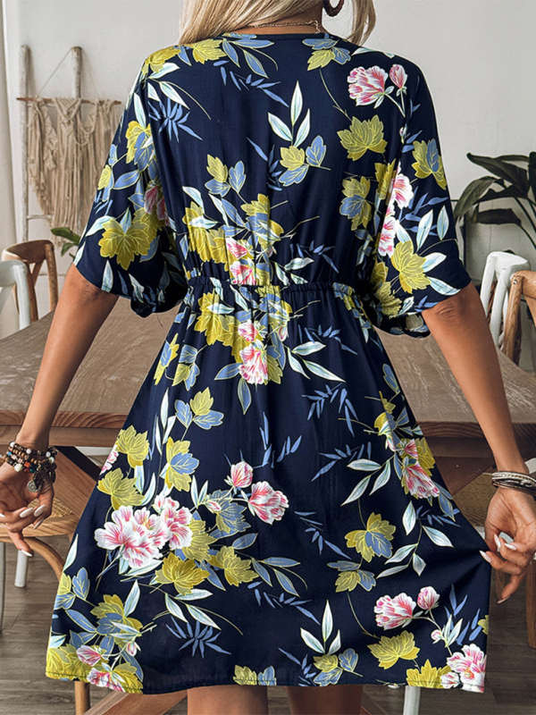 New style printed beach dress hand hook beaded stitching hollow dress beach cover up