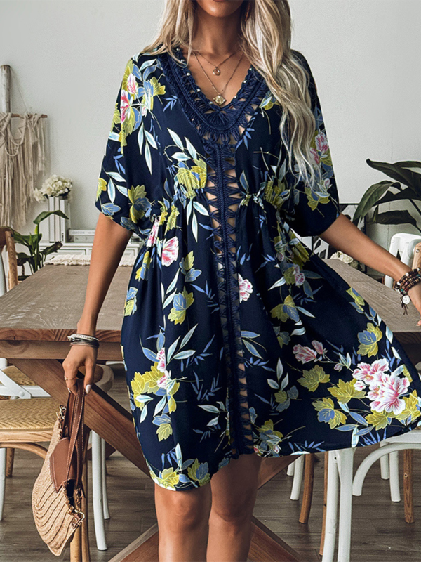 New style printed beach dress hand hook beaded stitching hollow dress beach cover up
