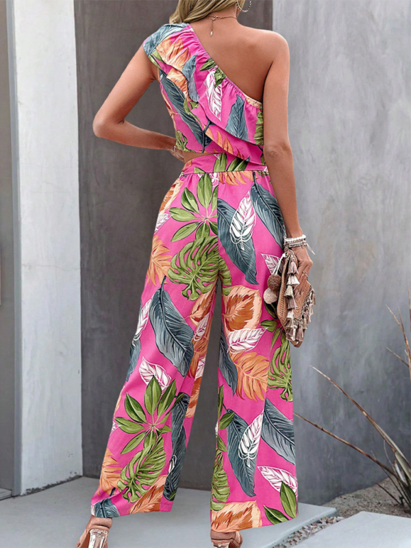 New style off-shoulder short contrast color contrast color print wide-leg pants two-piece set