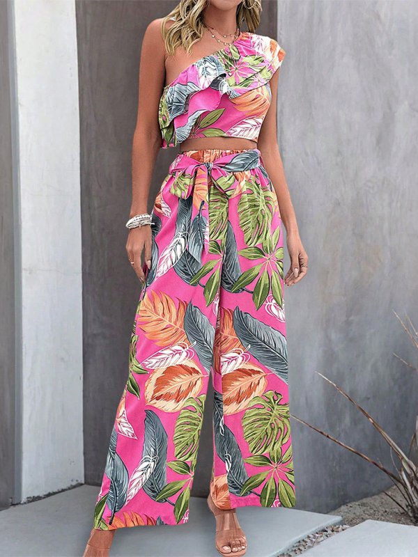 New style off-shoulder short contrast color contrast color print wide-leg pants two-piece set