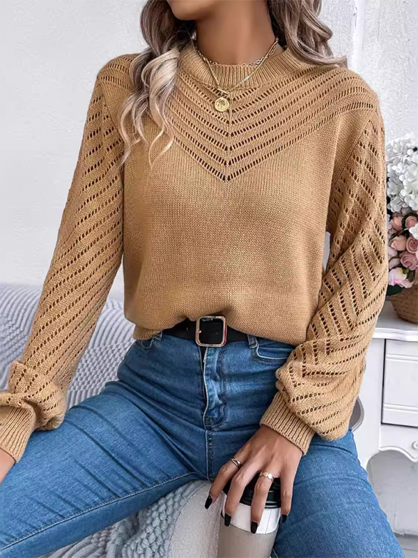 Women's casual solid color round neck hollow lantern sleeve pullover sweater