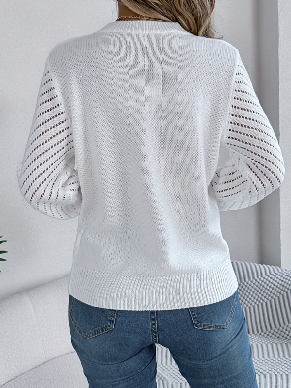 Women's casual solid color round neck hollow lantern sleeve pullover sweater