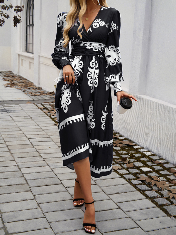 Contrast color print elegant v-neck long sleeve dress