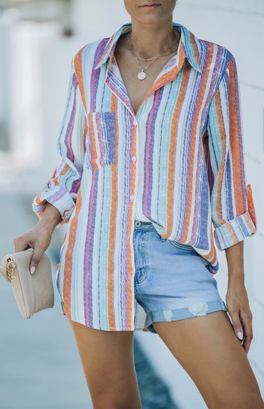 Linen Turn-down Collar Sweet Enough Striped Button Up Top