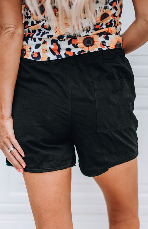 Women's Solid Drawstring Frayed Hem Pocket Shorts