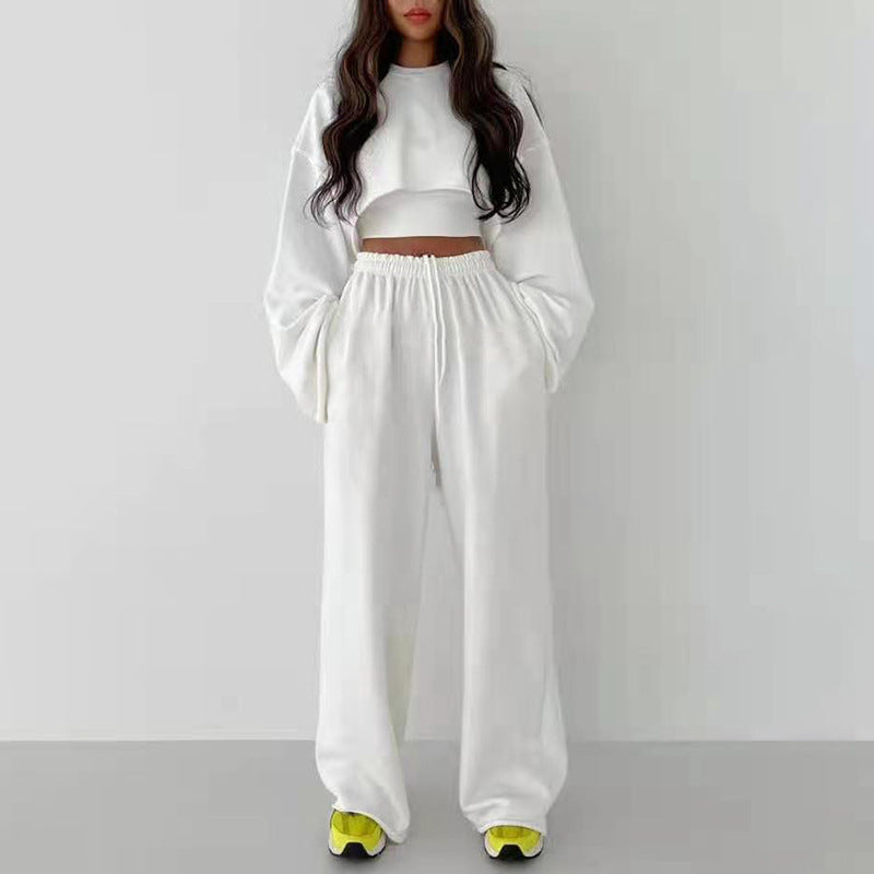 Fashion pullover long-sleeved navel sweater + suspender straight-leg wide-leg pants three-piece set