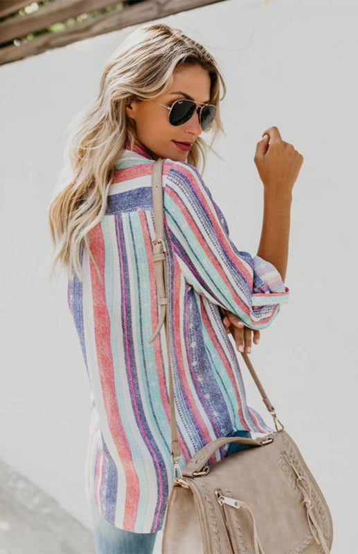 Linen Turn-down Collar Sweet Enough Striped Button Up Top