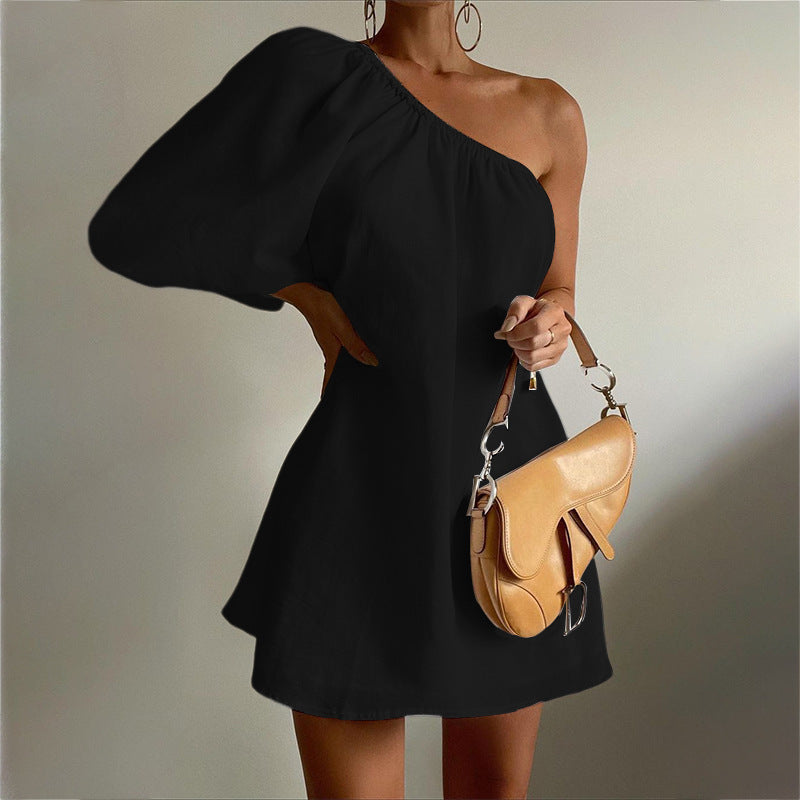 Puff Sleeve Slanted Shoulder Mini Dress