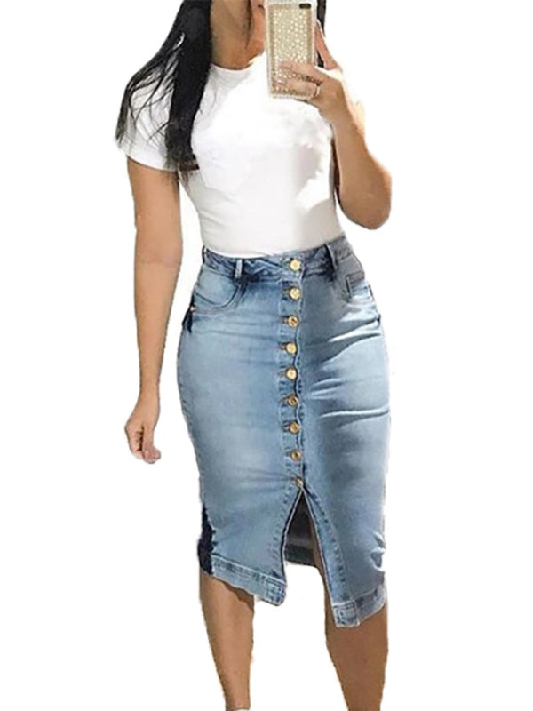 Women's Button Up Slim Fit Long Denim Skirt