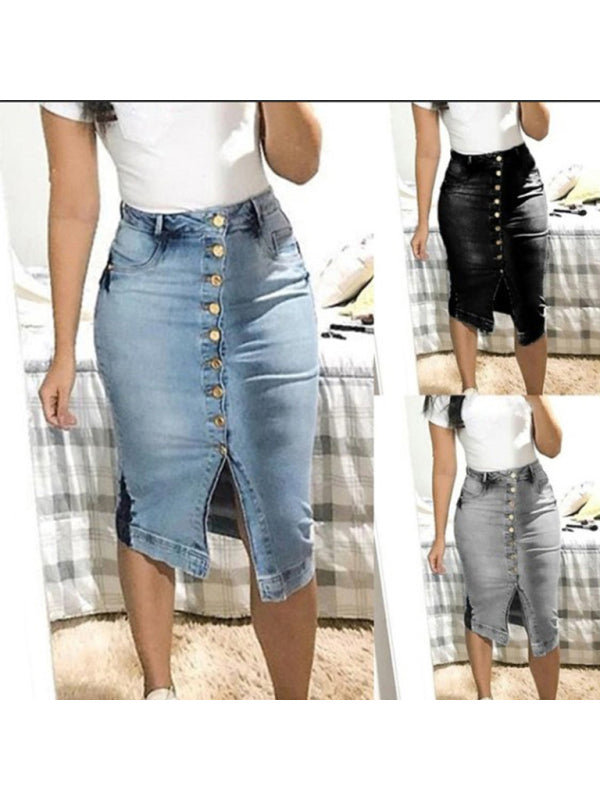 Women's Button Up Slim Fit Long Denim Skirt