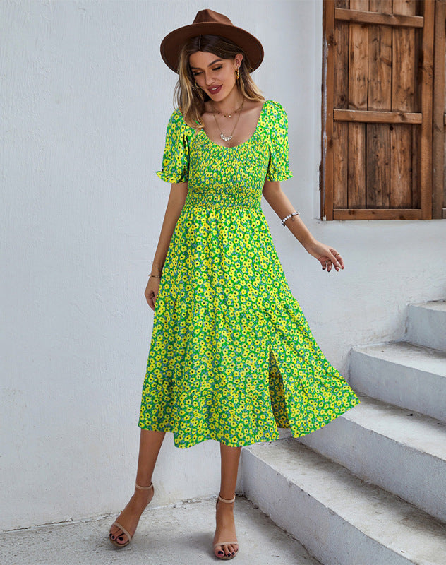 Women's Boho Print Round Neck Swing Skirt Dress