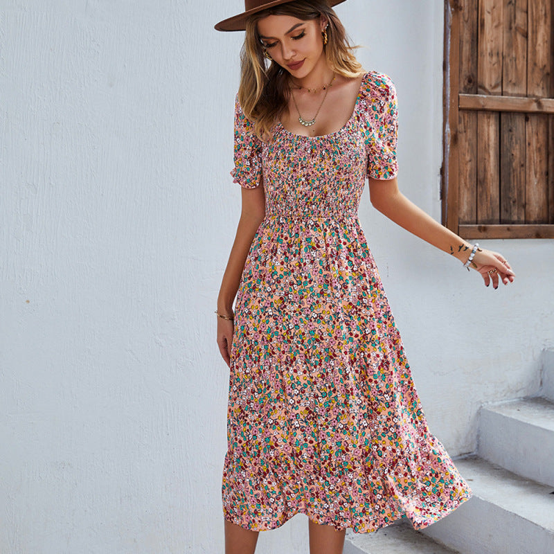 Women's Boho Print Round Neck Swing Skirt Dress