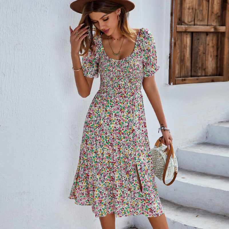 Women's Boho Print Round Neck Swing Skirt Dress