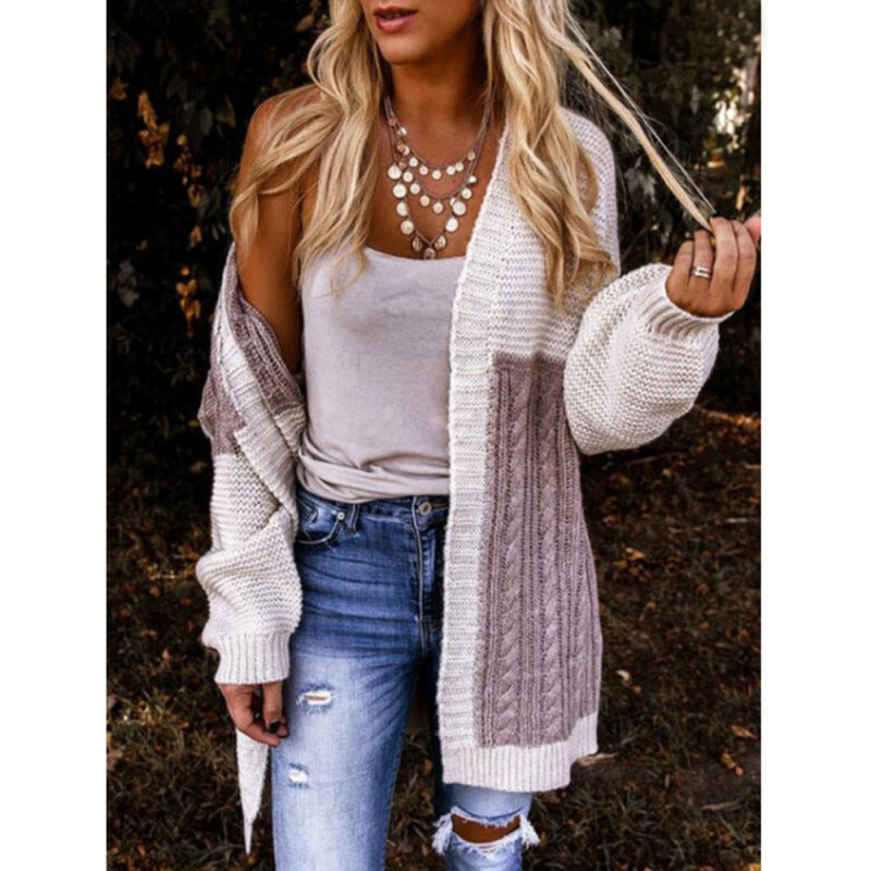 Women's Bicolor Cable Knit Open Front Cardigan