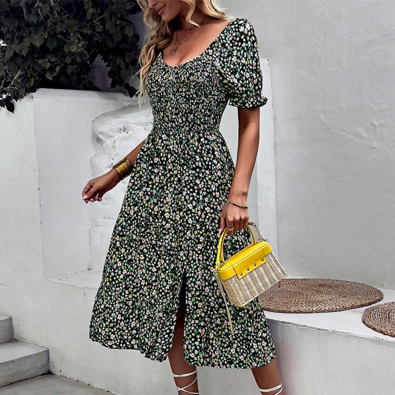 Women's Boho Print Round Neck Swing Skirt Dress