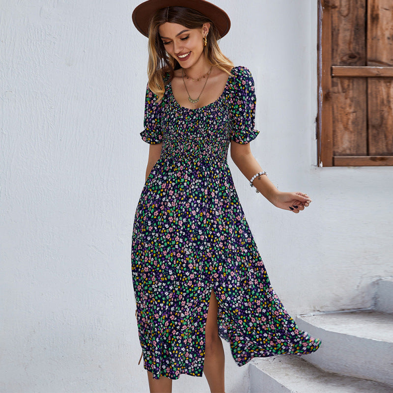 Women's Boho Print Round Neck Swing Skirt Dress