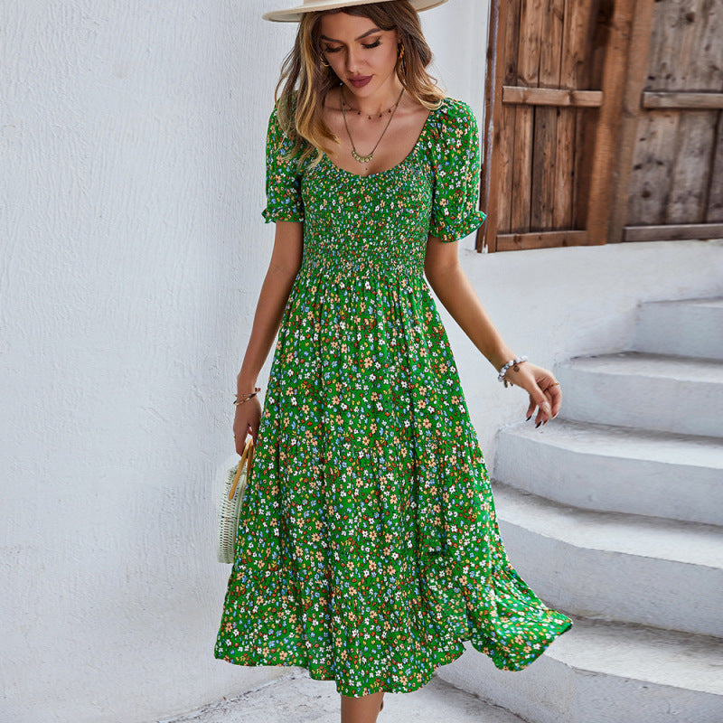 Women's Boho Print Round Neck Swing Skirt Dress