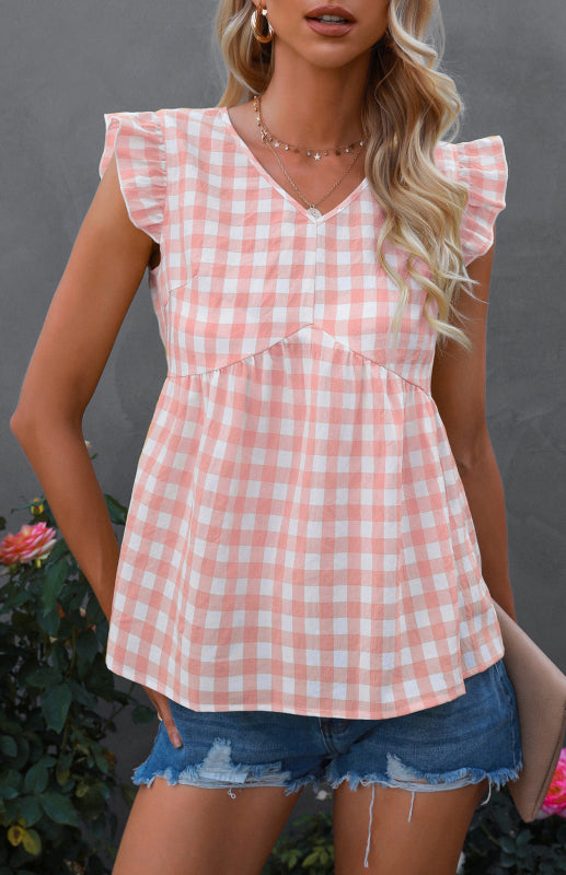 Women's Casual V-Neck Sleeveless Plaid Top